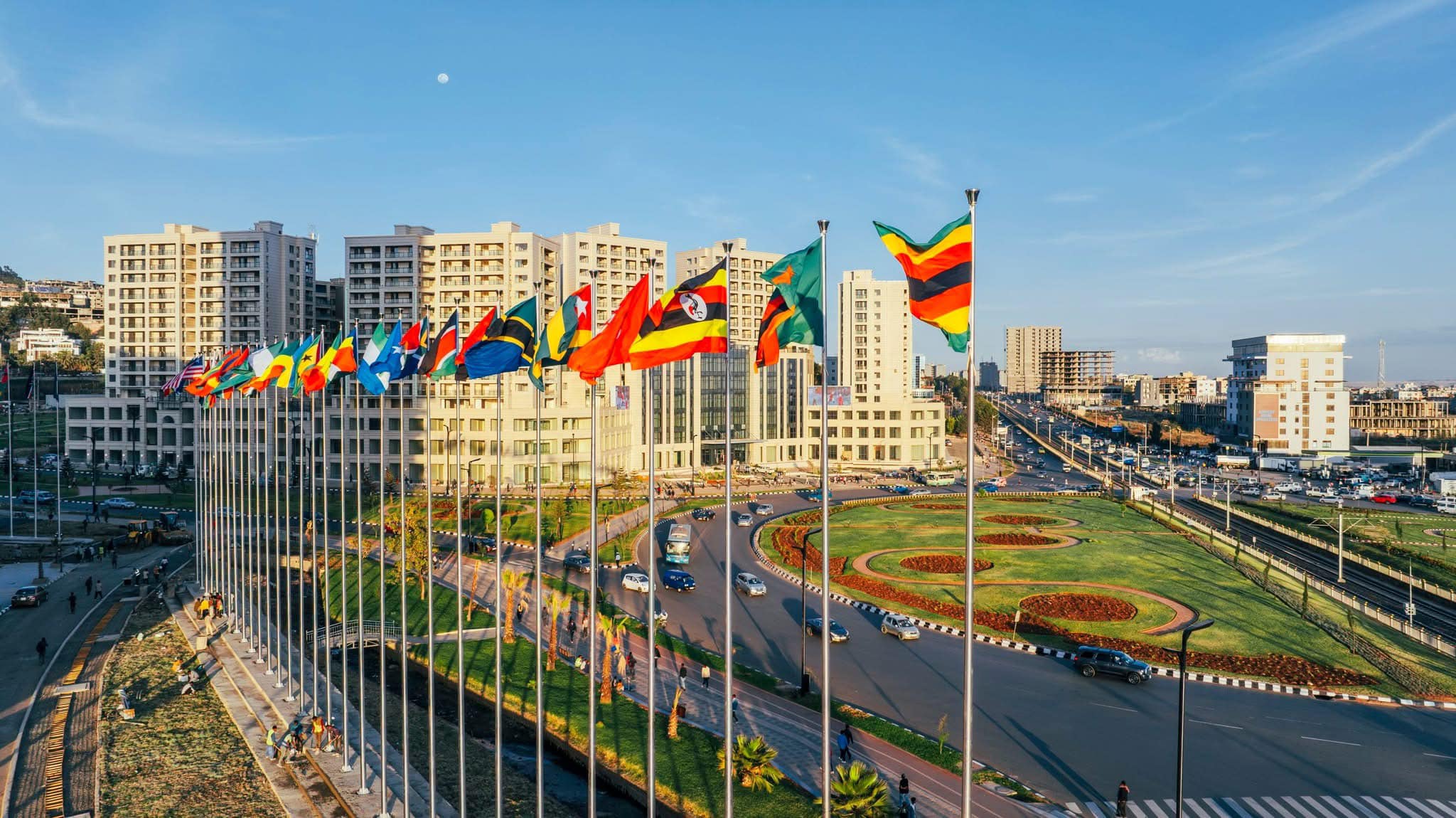 Addis Ababa cityscape with national and regional flags